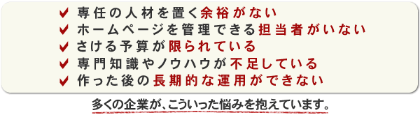 専任の人材を置く余裕がない ホームページを管理できる担当者がいない さける予算が限られている 専門知識やノウハウが不足している